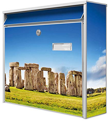banjado® Burg-Wächter® Briefkasten mit Motiv Stonehenge/Briefkasten ohne Zeitungsfach 32x36x10 cm groß/Briefkasten mit Namensschild A4 Einwurf inkl. Montagematerial & 2 Schlüsseln