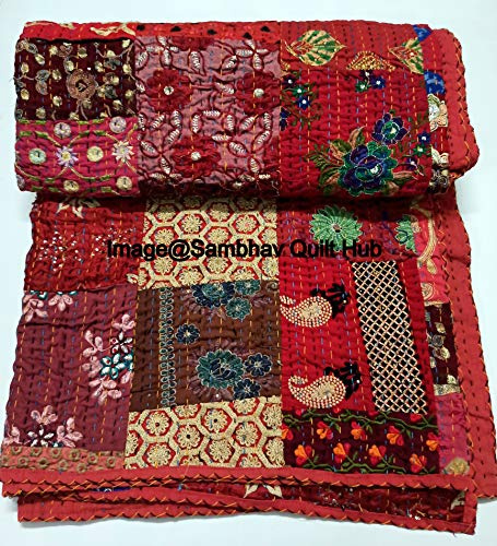 Mehrfarbige Patchwork-Steppdecke, Vintage, indisch, wendbar, gesteppt, superweich und warm, Wohnzimmer-Dekoration für Sofa und Couch, 152,4 x 178,9 cm, Rot