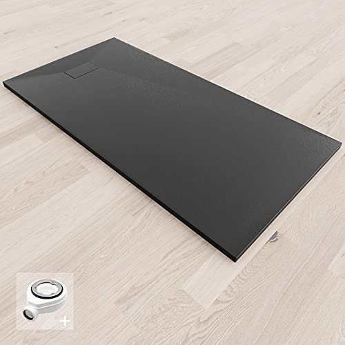 BAYA Receveur de douche extra-plat aspect pierre ardoise Noir 70 x 140 cm + bonde