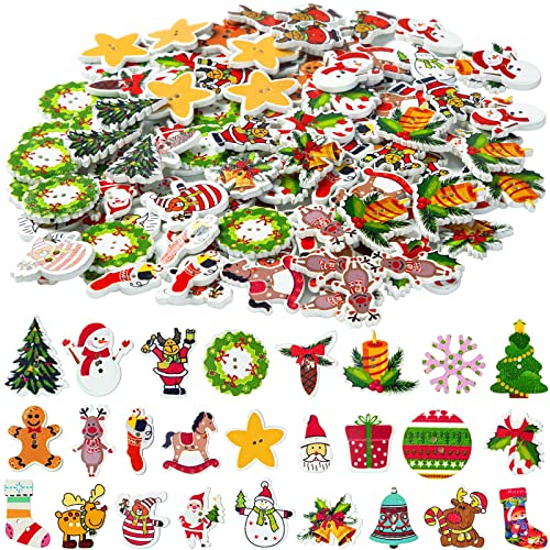 200 Holzknöpfe mit bunten Verzierungen, verschiedene Nähknöpfe für Bastelarbeiten, Projekte und Weihnachtsstrümpfe, dekorativ