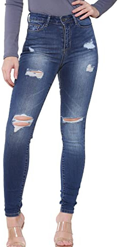 989Zé ENZO EZL417 Womens Jeans Skinny Stretch Ripped Trousers Ladies Denim Slim Fit Pants with Rips Waist Sizes UK 8-20 (16, Blue)
