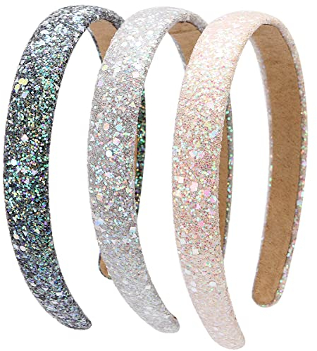 Loneedy Harte Haarreife, Glitzer-Pailletten für Kinder, breite gepolsterte Haarbänder, modisch, niedliches tägliches Accessoire für Mädchen und Damen, Schwarz und Grau und Beige, 3 Stück