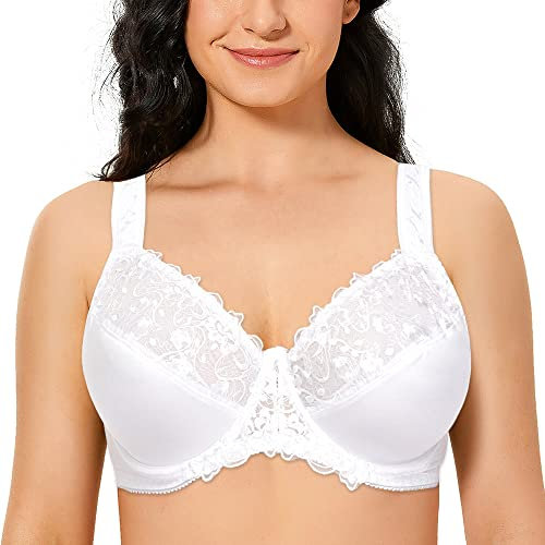 Ayigedu Women's Full Coverage Underwire Push Up Bra Floral Lace Plus Size Non Padded Comfort Everyday Bra 52C White