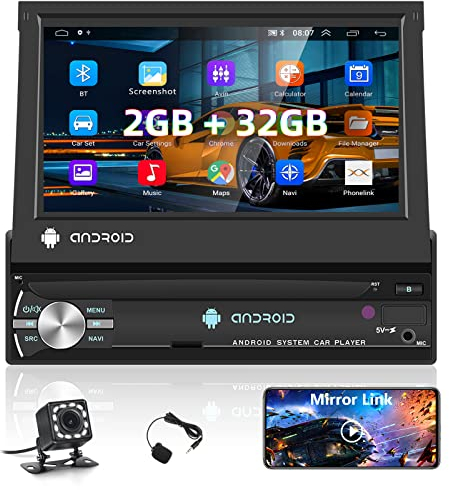 Hodozzy 2GB+64GB Android Radio 1 DIN con Carplay Android Auto Navegación GPS, WiFi, Bluetooth, FM/RDS Radio, Pantalla Táctil de 7 Pulgadas con Mirror Link, USB/AUX, Controles Volante, Cámara