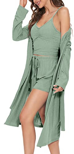 HANERDUN Damen Schlafanzug Kurz 3-teiliges Pyjama Set Offene Strickjacke mit Taschen Cami und Shorts Nachtwäsche mit Gürtel Robe Set