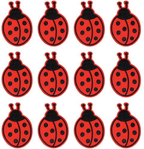 JKJF 12 Stück Marienkäfer Patches Käfer Tier Aufbügeln Bügelbild 7 Sterne Marienkäfer Aufnäher Applikation Kleines Insekt Stickerei Patches für Kleidung Rucksack Schuhe Jacke Jeans Hut Kleid - Rot