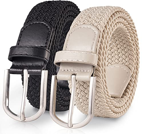 TANGCHAO 2 Stücke Stoffgürtel Stretchgürtel Elastik Flechtgürtel Geflochtener und Elastischer Dehnbarer Gürtel für Damen und Herren Breite 3.3cm Schwarz+Beige 110cm