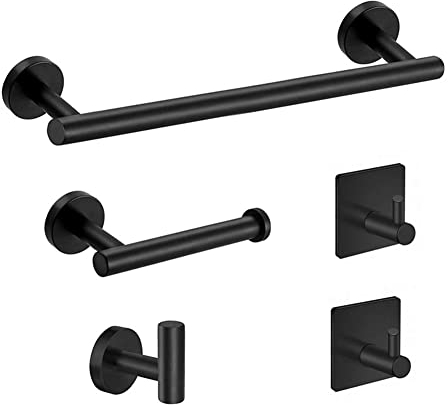 Brushed Nickel 5 Pieces Wall Mounted Stainless Steel Bathroom Towel Bar Towel Holder Toilet Paper Holder Hooks Bathroom Accessories Set (Matt Black)