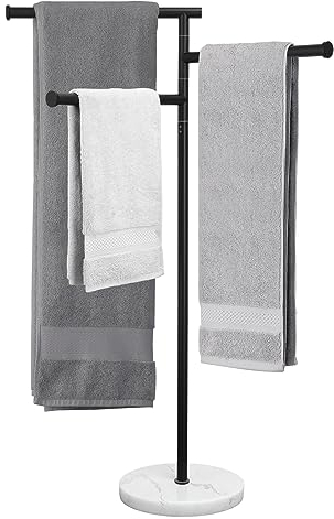 KES Handtuchhalter Stehend Schwarz, Handtuchständer Freistehend Badezimmer Handtuchhalter 3 Stangen Schwenkbar Marmor Badetuchhalter Edelstahl SUS304 Stabil, BTH219-BK