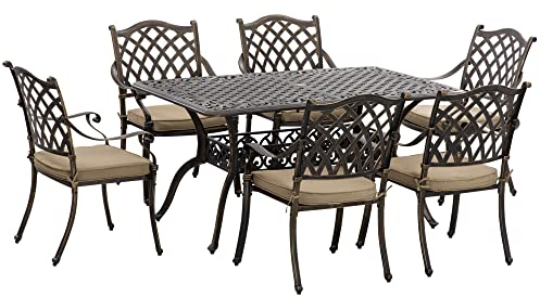 Outsunny 7 PCs Garden Patio Dining Set with Parasol Hole, Cast Aluminium Outdoor Furniture Set with Six Cushioned Chairs and Rectangle Dining Table, for Garden, Lawn, Deck, Bronze Tone