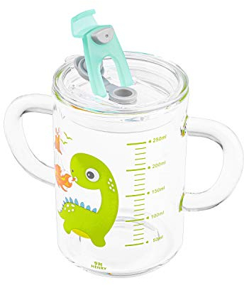 SIQITECH Tasse à Lait Enfant avec Paille Silicone Couvercle Tasse en Verre Transparent avec Poignée 300ml Tasse de Lait Tasse d’Eau de Dessin Animé Transparente avec Échelle Tasse à Boire