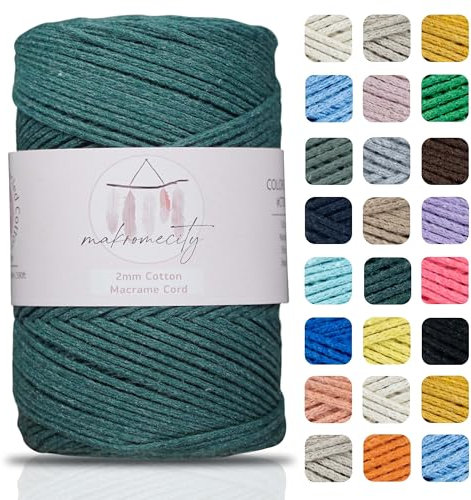 Makromecity, Cotton Macrame Cord 2mm x 195 Yards (590 feet) 2mm Recycled Cotton Crochet Yarn for Macrame Art & Crafts for Wall Hangings, Bags, Underplate, Rug (25 Colors Available) (Forest Green)