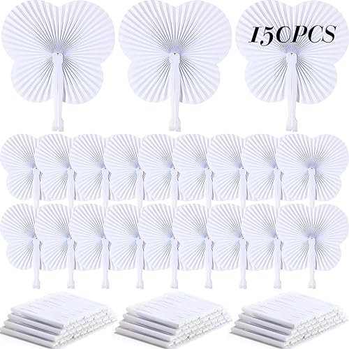 Chuangdi 150 Pcs Wedding Paper Folding Fans Bulk Butterfly Shaped Paper Fans Decorative Handheld Fans with Plastic Handle White Paper Fans for DIY Wedding Birthday Bridal Shower Guests Gifts Favor