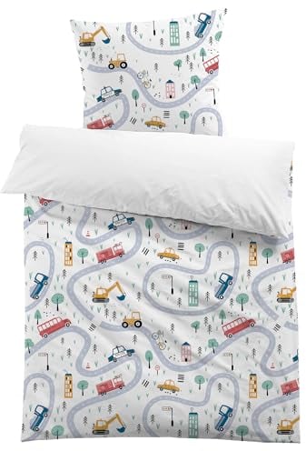 MUSOLEI Kinderbettwäsche 135x200 Jungen Autos Bettwäsche Kinder Fahrzeug Bagger Polizei Feuerwehr 3D-Druck Mikrofaser Bettbezug 135x200 und 1 Kissenbezug 80x80 Bettwäsche-Set für Einzelbett, Autos01