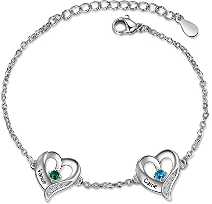 lorajewel Personalisiertes Damenarmband mit Geburtsstein Name Herz-Armband Silber Geschenk für Muttertag Valentinstag Weihnachten (silber-2 name)