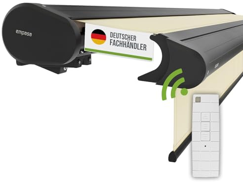empasa Elektrische Vollkassettenmarkise 'Premium' Kassettenmarkise | Gelenkarmmarkise Markise Sonnenschutz mit manuell ausfahrbarem Volant, komplett vormontiert, Farbe:elfenbein, Größe:4.5 x 3 m