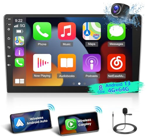 [4+64G] 8 Core Autoradio Android con Wireless Carplay&Android Auto, 2 Din 10.1 pollici IPS Touchscreen Radio con Mirror Link DSP WiFi GPS Personalizzare Homepage SWC + Telecamera di backup AHD
