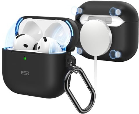 ESR für AirPods 4 Hülle, kompatibel mit AirPods 4. Generation (2024) (USB-C), Magnetischer Deckel, Unterstützt kabelloses Laden, Schutzhülle mit Karabinerhaken, Cloud Serie, Schwarz