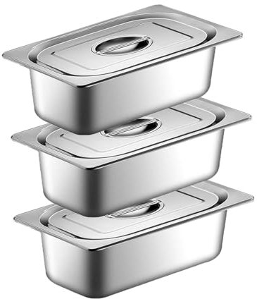 Buudreza Juego de 3 cuencos para empanar, recipiente GN 1/3, 32,5 x 17,5 x 6,5 cm, juego de empanado para chuletas, recipiente gastronorm de acero inoxidable con tapa, chuletas de carne, pescado