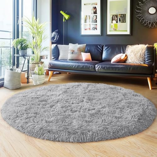 BSGIFT Runder Teppich 200 cm Durchmesser, Grauer Shaggy Hochflor Teppich Wohnzimmer Flauschig, Langflor Kuschelteppich Wohnzimmerteppich High-Pile Carpet rutschfest für Kinderzimmer Schlafzimmer