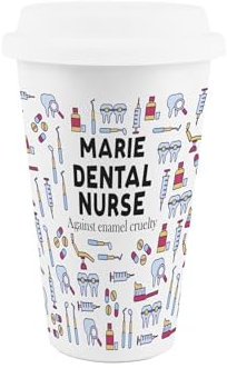 Purely Home Custom Dental Nurse Ceramic Travel Mug - Teeth Themed Novelty Gifts - Reusable Silicone Lid Double-Walled Insulated Drinks Flask Personalised Cup
