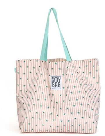 Ponette - Bolsa de Playa Familiar Cruda con Rayas Coral y Estampado de Estrellas Verdes, Asas Turquesas, Forro, Bolsillo, Playa, Piscina, Tote, Marca Española