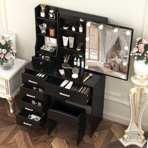 Teousev Toilette Trucco con Sgabello e Specchio, Toeletta Trucco con Luci, Postazione Trucco con 6 Cassetti, 6 Ripiani Aperti, Tavolo Trucco per La Camera Da Letto, 80X36X131cm, Nero, JR291216