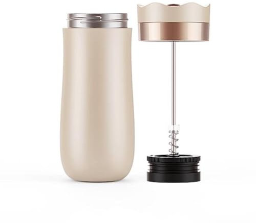 I Cafilas 2-in-1 Edelstahl Thermosbecher mit French Press - 350ml (12oz), Isolierter Reisekaffeebecher, Auslaufsicher, Tragbare Kaffee- & Teepresse, Leicht zu Reinigen, Spülmaschinengeeignet (Beige)