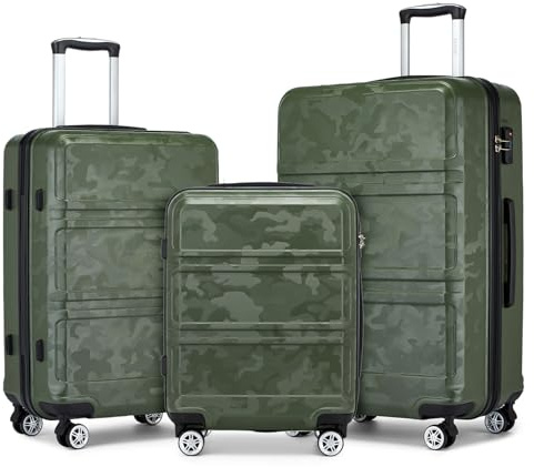Kono Set de 3 Valises Rigide Bagage Cabine + Valise Moyenne 65cm + Valise Grande 74cm avec 4 roulettes et Serrure TSA, Vert/Camouflage
