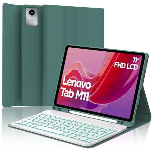 SENGBIRCH Custodia Tastiera Lenovo Tab M11 11 2024, Italiano QWERTY, 7 Colori di Retroilluminazione Rimovibile Bluetooth Magnetica Staccabile Tastiera per Lenovo Tab M11 2024, Verde Scuro