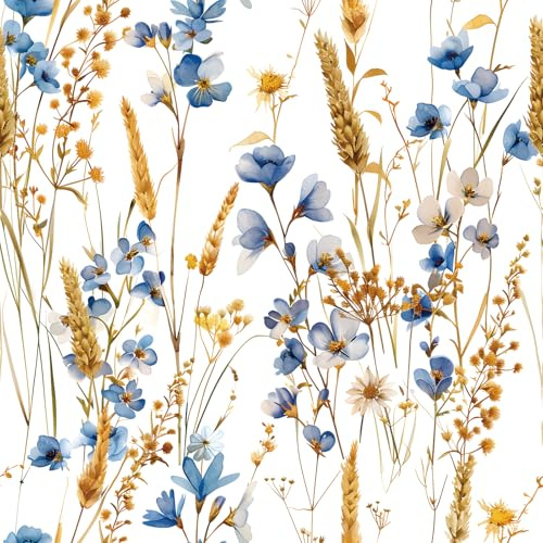 FunStick 44.5CMx9M Floral Botanical Peel and Stick Wallpaper Blue Gold White Floral Sticky Back Wallpaper for Walls Bedroom Sticky Back Plastic White Vinyl Wrap for Furniture Fall Wheat Wild Flowers