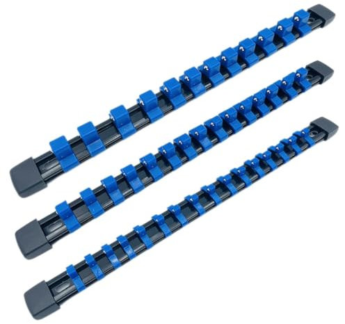 Fegtrtyoa 3 PCS Socket Organizer 1/2 3/8 1/4 Inch Drive Socket Rail Holders Socket Wrench Storage Rack Blue