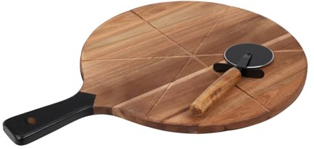 HAC24 Pizza Schneidebrett Rund Ø 30 cm inkl. Pizzaroller Akazienholz mit Griff und Führungsrillen Holz Brett Pizzaschneider