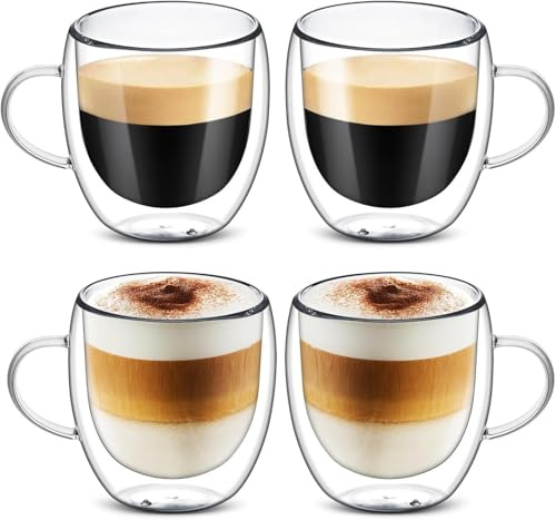 4x250ml Double Walled Insulated Glass, Cappuccino Mugs with Handles,Coffee Glass Insulated Latte Drinking Cup, Clear Glasses Mugs for Latte,Hot Drinks Tea Milk Juice Ice Cream