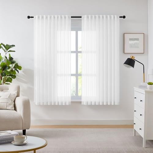 Melodieux Vorhänge mit Kräuselband fur Wohnzimmer, Weiß Transparent Gardinen mit Haken für Schiene, Kinderzimmer, Schlafzimmer, 225×137cm (H×B) 2er Set