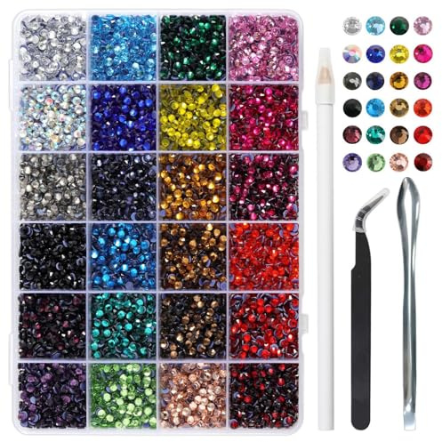 Hotfix Strasssteine 24 gemischte Farben,SS16 Strasssteine für Basteln und Kleidung,Hotfix Kristalle mit 1 Pinzette,1 Wachsstift und 1 Schaufel