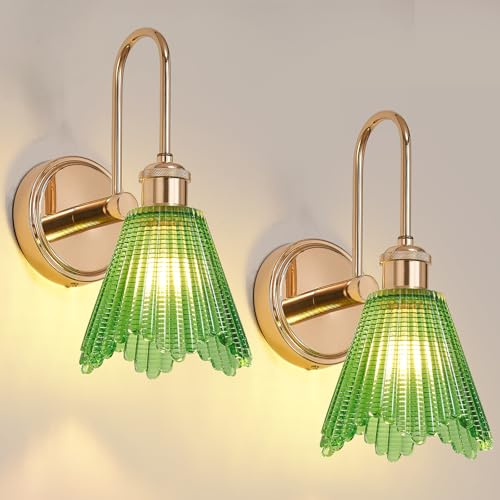Vikdio Applique Murale Set de 2, Luminaire Vintage Doré avec Abat‑jour Long en Verre Vert, Applique Fixe à Fil Direct pour Chambre, Salle de Bains, Salon | Inclut 2 Ampoules LED
