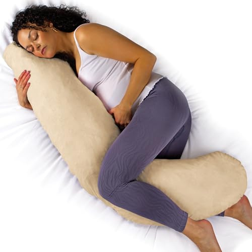 Aamira L Shaped Pregnancy Pillow, Memory Foam, Velvet Cover, Cream | 145 x 25 x 20cm maternity pillow with shredded memory foam, full-body L-shape support and removable washable velvet cover.
