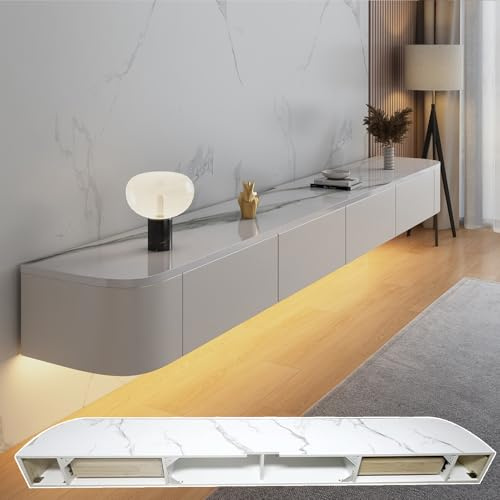 HYANXUE Floating TV Unit, Wall Mounted TV Cabinet, TV Media Console | Floating TV Cabinet Large Storage with Flip-Down Doors, Drawer & LED