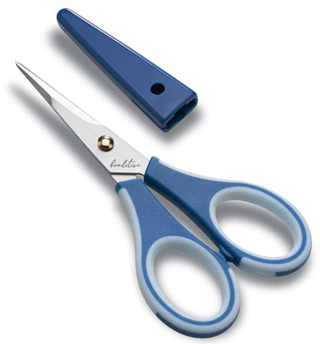 Beaditive - Forbici di precisione, lame ultra affilate in acciaio inox e manici antiscivolo in TPR, forbici per scrapbooking per adulti e bambini, con cappuccio di sicurezza, blu