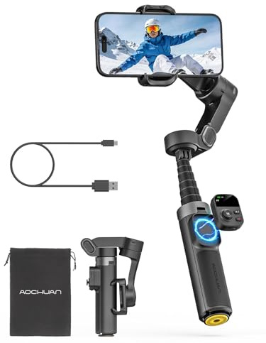 AOCHUAN 360° Pan Rotation Gimbal Stabilizer for iPhone, Magnetic Remote Vontrol, 3-Axis Stabilizer w/Built-in Extension Rod & One-Touch Open Tripod, 3-in-1 Foldable Phone Gimbal for Vlogging, Travel