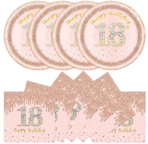 DHAIQC 50 Pcs 18th Birthday Paper Plates and Napkins Party Supplies, 7 Inch Rose Gold 18th Party Plates and Napkins Tableware Set for Women Girl Anniversary 18 th Birthday Decorations (18th)