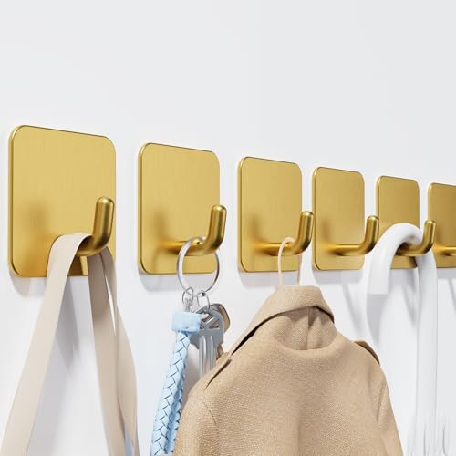 Aikzik Handtuchhalter ohne Bohren, 6er Set, Badezimmer Handtuchhalter aus Edelstahl, Klebehaken extra stark, Selbstklebend Haken für Bad und Küche, Gold