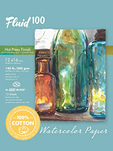 Speedball Fluid 100 Hot Press Watercolour Block 12 x 16 100% Rag Cotton Paper that is Gelatin-Sized 300gsm Sheets / 140lb