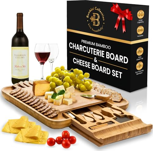 Bambusi Käsebrett und Messer Set - Premium Bambusholz Charcuterie Serviertablett mit Besteck - Perfekt für Einweihungsfeier, Hochzeit & Geburtstag Geschenk