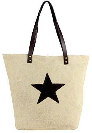 OBC Made in Italy Damen Stern Tasche Leder Velourleder Wildleder Shopper DIN-A4 Schultertasche Umhängetasche (Beige)