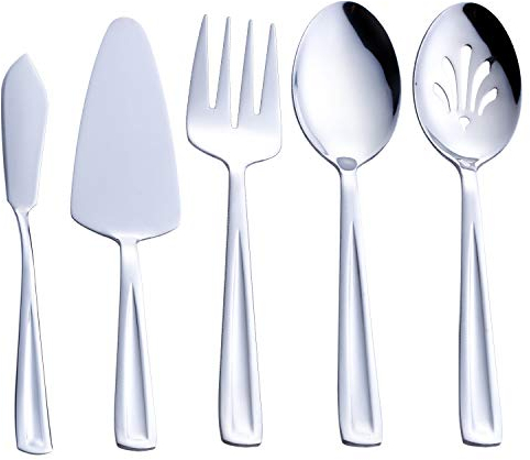 GoGeiLi Juego de 5 Utensilios de Acero Inoxidable para Servir azafatas, Incluye Servidor de Tartas, Cuchara para Servir, Cuchara Ranurada para Servir, Tenedor para Servir y Cuchillo Esparcidor