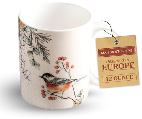 Maison d' Hermine Whitish Shabby Chique Fine Bone China Coffee Mug with Handles for Hot Beverages - Coffee Cappuccino Latte Cocoa Tea Perfect for Home Gifts (Winter Robin, 12 Ounce)