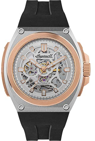 Ingersoll The Motion Herren-Automatikuhr, 50 mm, mit silbernem Skeleton-Zifferblatt und schwarzem PU-Gummiarmband I11703