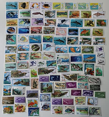 100 verschiedene Fisch- und Meerestier-Stempel-Kollektion